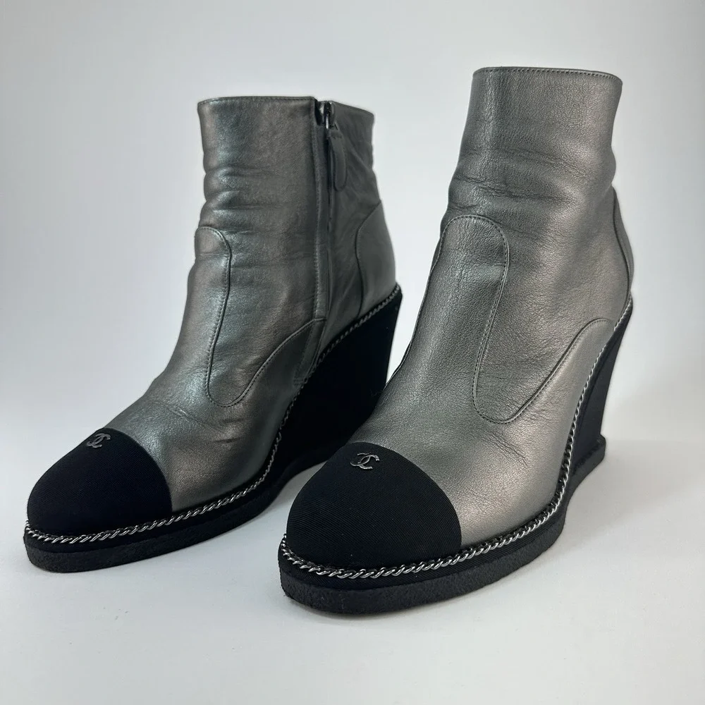 CHANEL Black Leather CC Logo Wedge Boots Size 37.5 Made In Italy